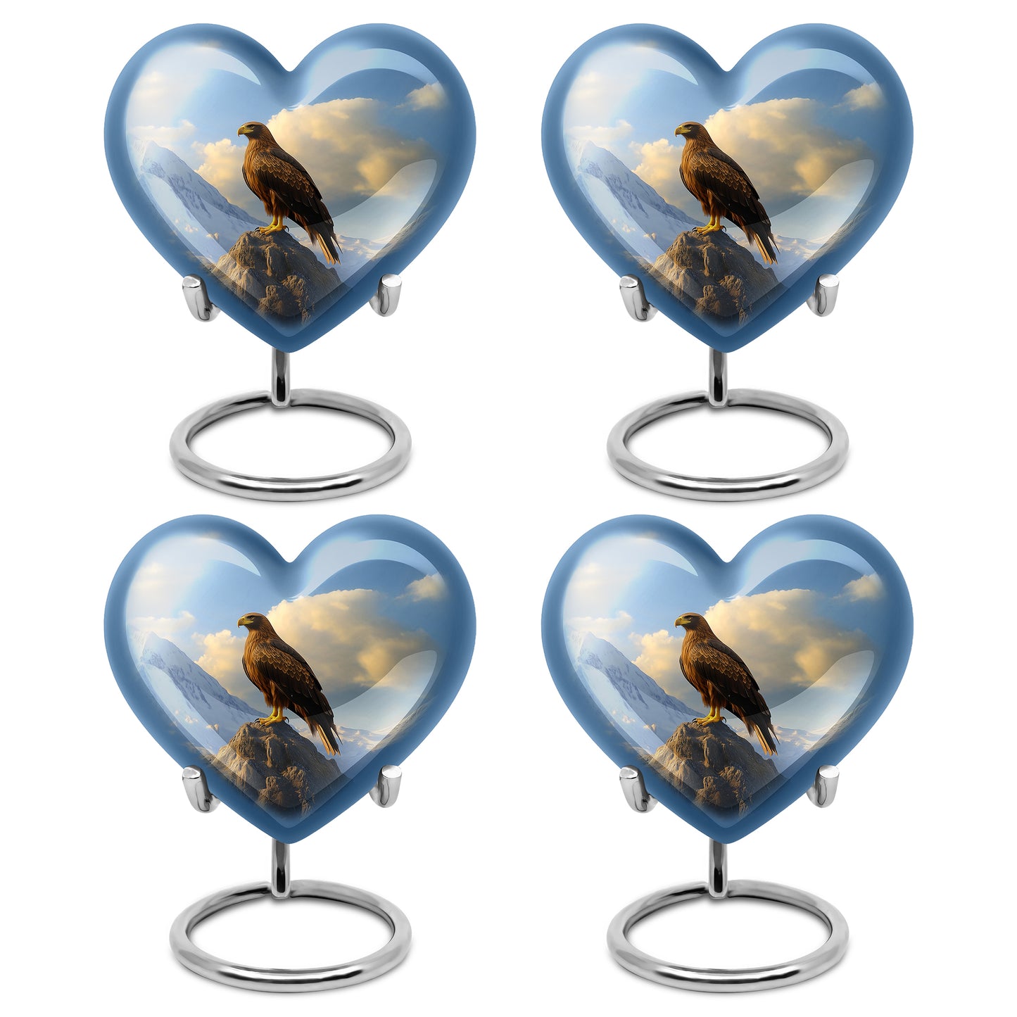 Calming Blue Eagle Cremation Urn angled view of lid and engraved motif - romantic heart urn with eagle motif on aluminum - 10 inch aluminum urn for cremated remains
