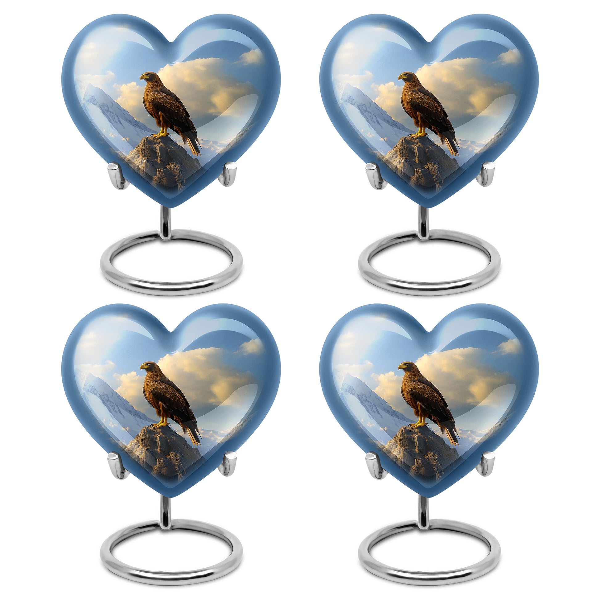 Calming Blue Eagle Cremation Urn angled view of lid and engraved motif - romantic heart urn with eagle motif on aluminum - 10 inch aluminum urn for cremated remains