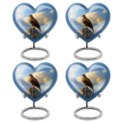 Calming Blue Eagle Cremation Urn angled view of lid and engraved motif - romantic heart urn with eagle motif on aluminum - 10 inch aluminum urn for cremated remains