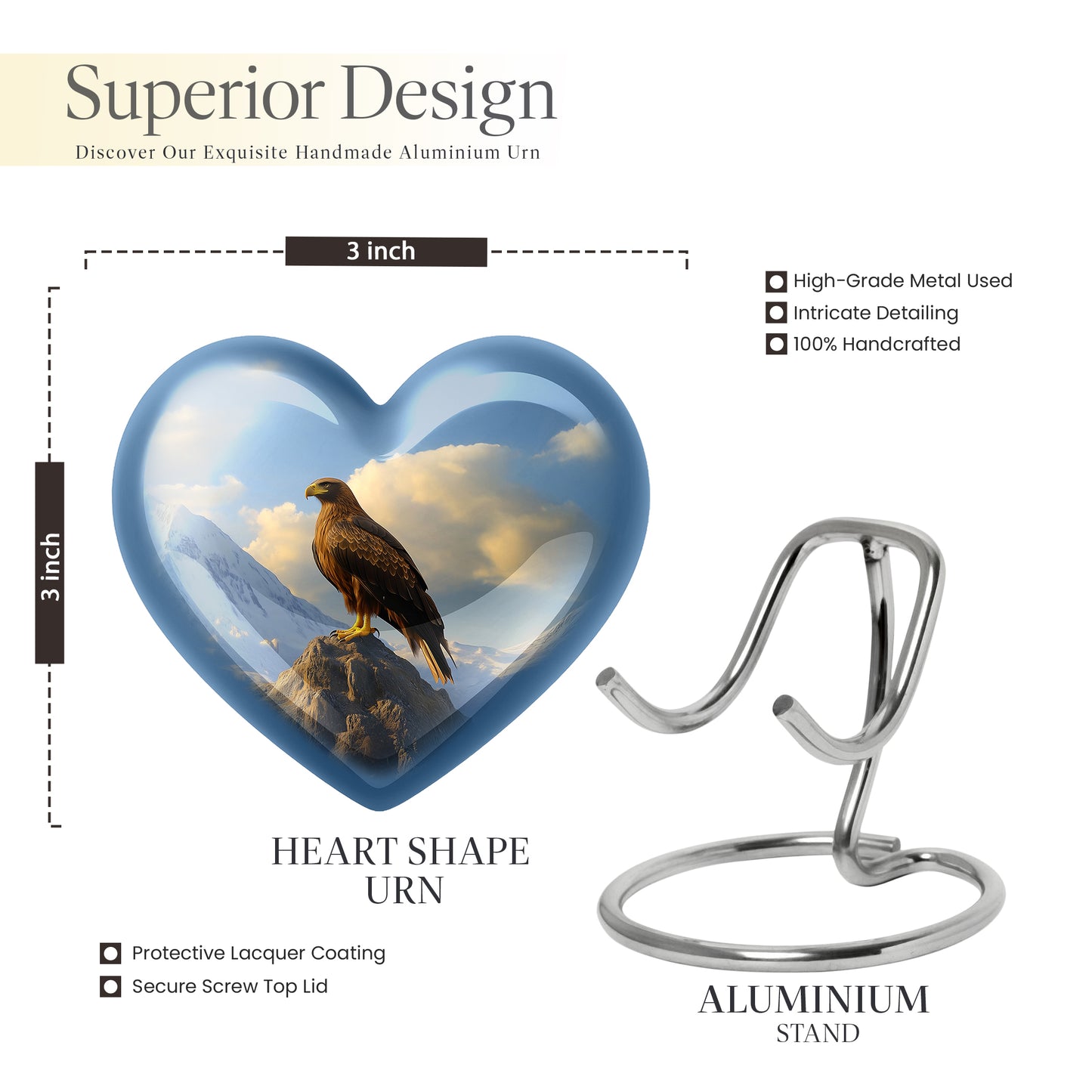Soft Blue Eagle Cremation Urn front view showing detailed design - compassionate heart-eagle combination with gentle curves - mini keepsake memorial for portion of cremation ashes