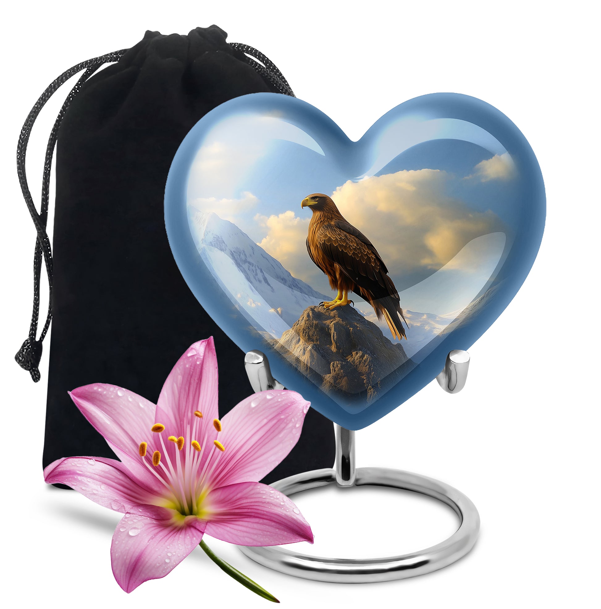 Steel Blue Eagle Cremation Urn detail view - compassionate heart-eagle combination with gentle curves - full-size 10 inch 200 cubic inch adult cremation urn