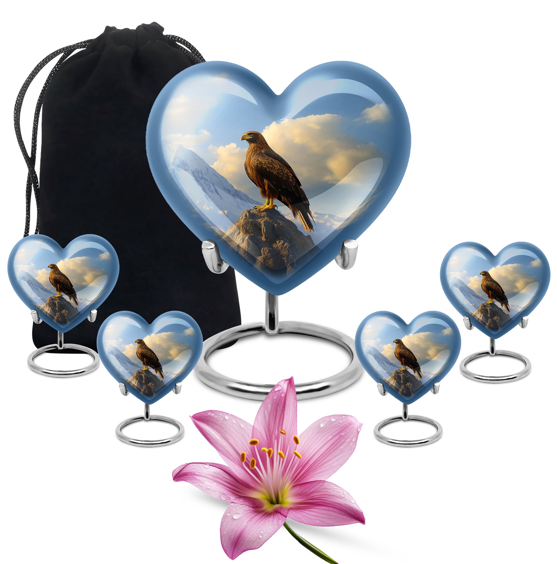 Cornflower Blue Eagle Cremation Urn close-up of engraving and surface detail - romantic heart urn with eagle motif on aluminum - memorial set with one large and four small urns