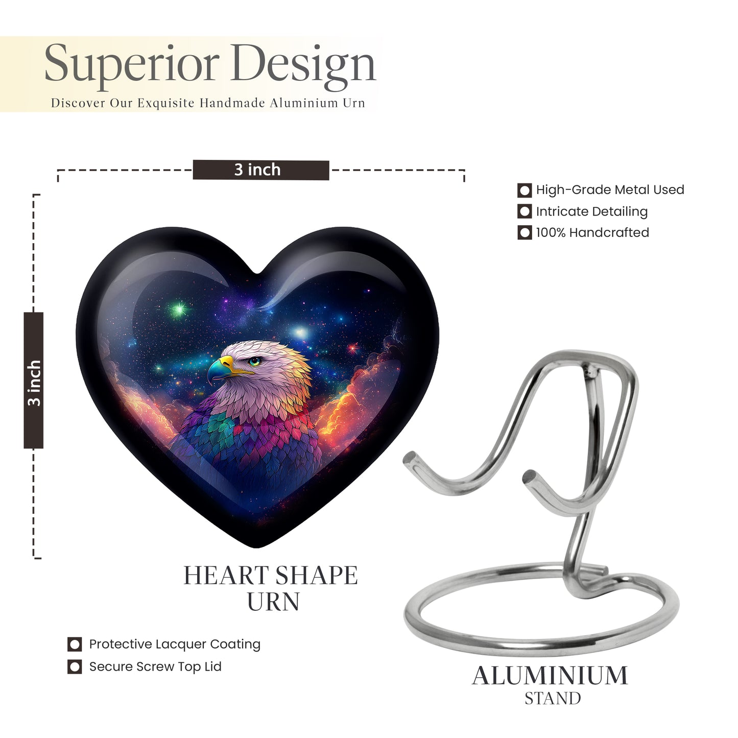 Indigo Eagle Cremation Urn front view showing detailed design - heart-shaped eagle design symbolizing eternal love - mini keepsake memorial for portion of cremation ashes