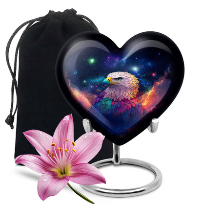 Twilight Blue Eagle Cremation Urn detail view - romantic heart urn with eagle motif on aluminum - full-size 10 inch 200 cubic inch adult cremation urn