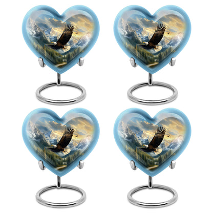 Steel Blue Eagle Cremation Urn angled view of lid and engraved motif - romantic heart urn with eagle motif on aluminum - 10 inch aluminum urn for cremated remains