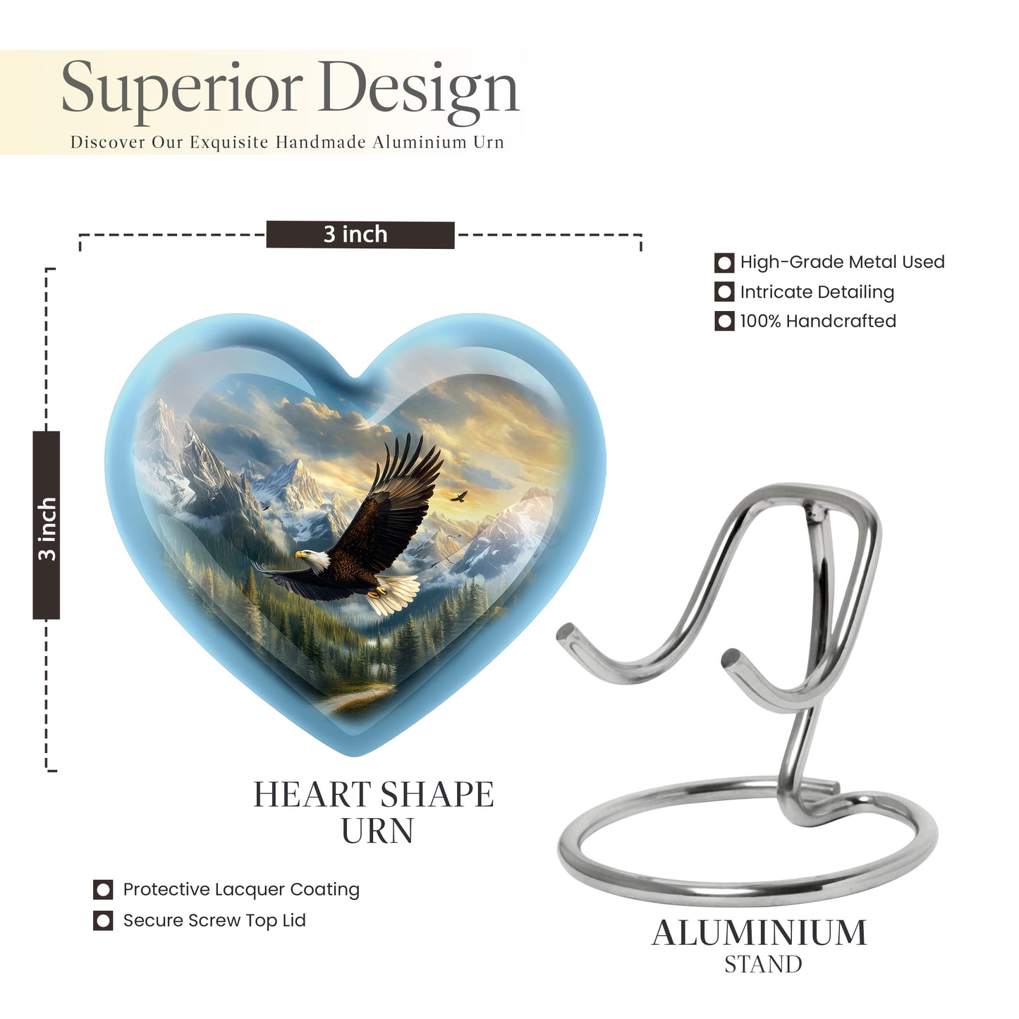 Serene Blue Eagle Cremation Urn front view showing detailed design - romantic heart urn with eagle motif on aluminum - mini keepsake memorial for portion of cremation ashes