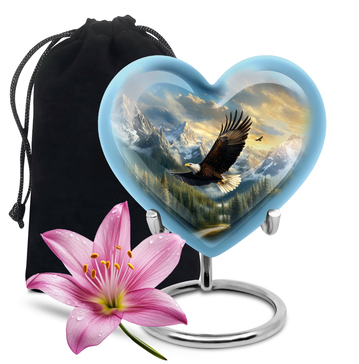 Powder Blue Eagle Cremation Urn detail view - heart-shaped eagle design symbolizing eternal love - full-size 10 inch 200 cubic inch adult cremation urn