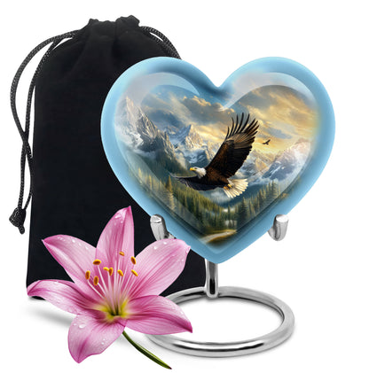 Powder Blue Eagle Cremation Urn detail view - heart-shaped eagle design symbolizing eternal love - full-size 10 inch 200 cubic inch adult cremation urn