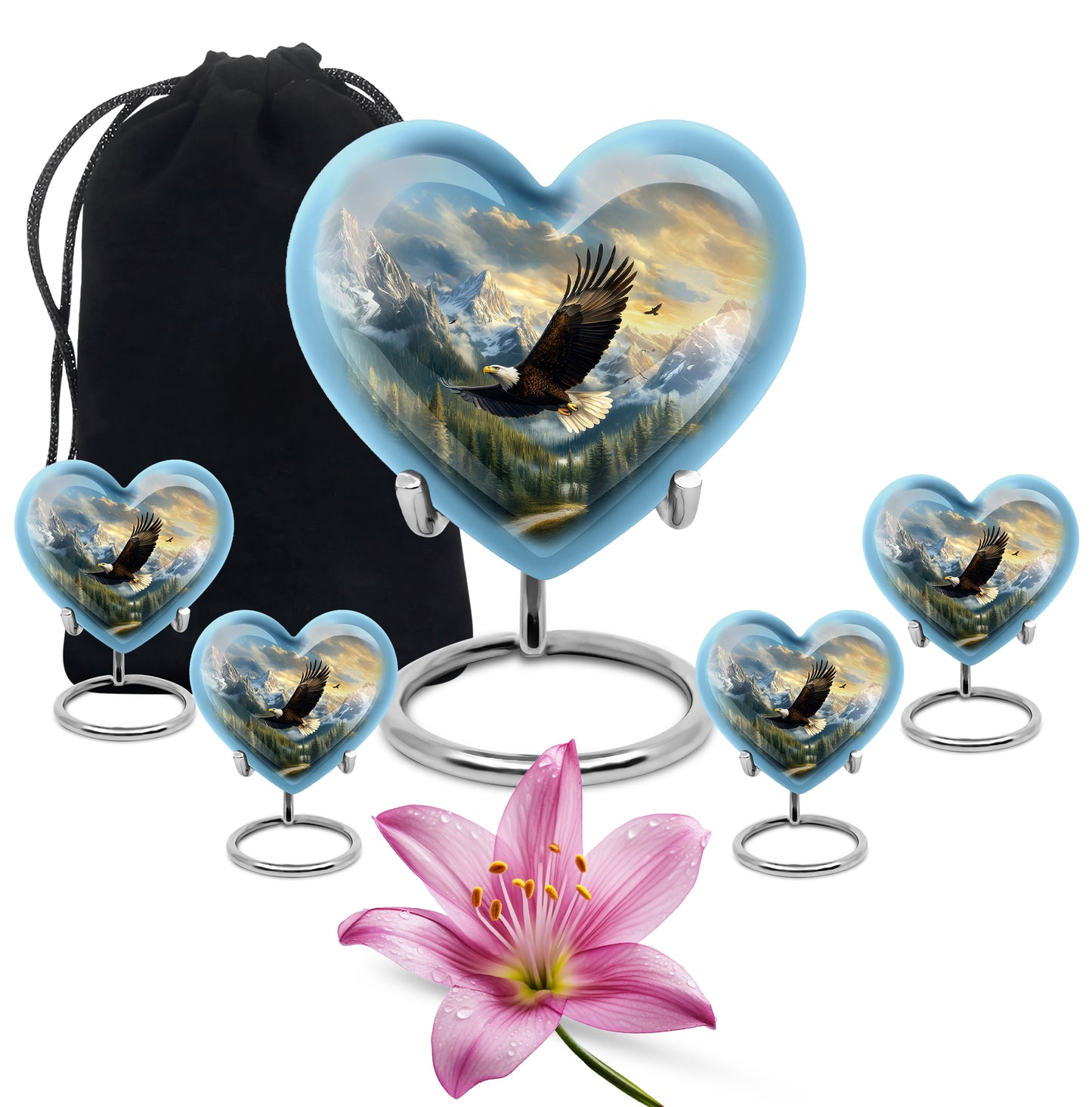 Sky Blue Eagle Cremation Urn close-up of engraving and surface detail - heart-shaped eagle design symbolizing eternal love - memorial set with one large and four small urns