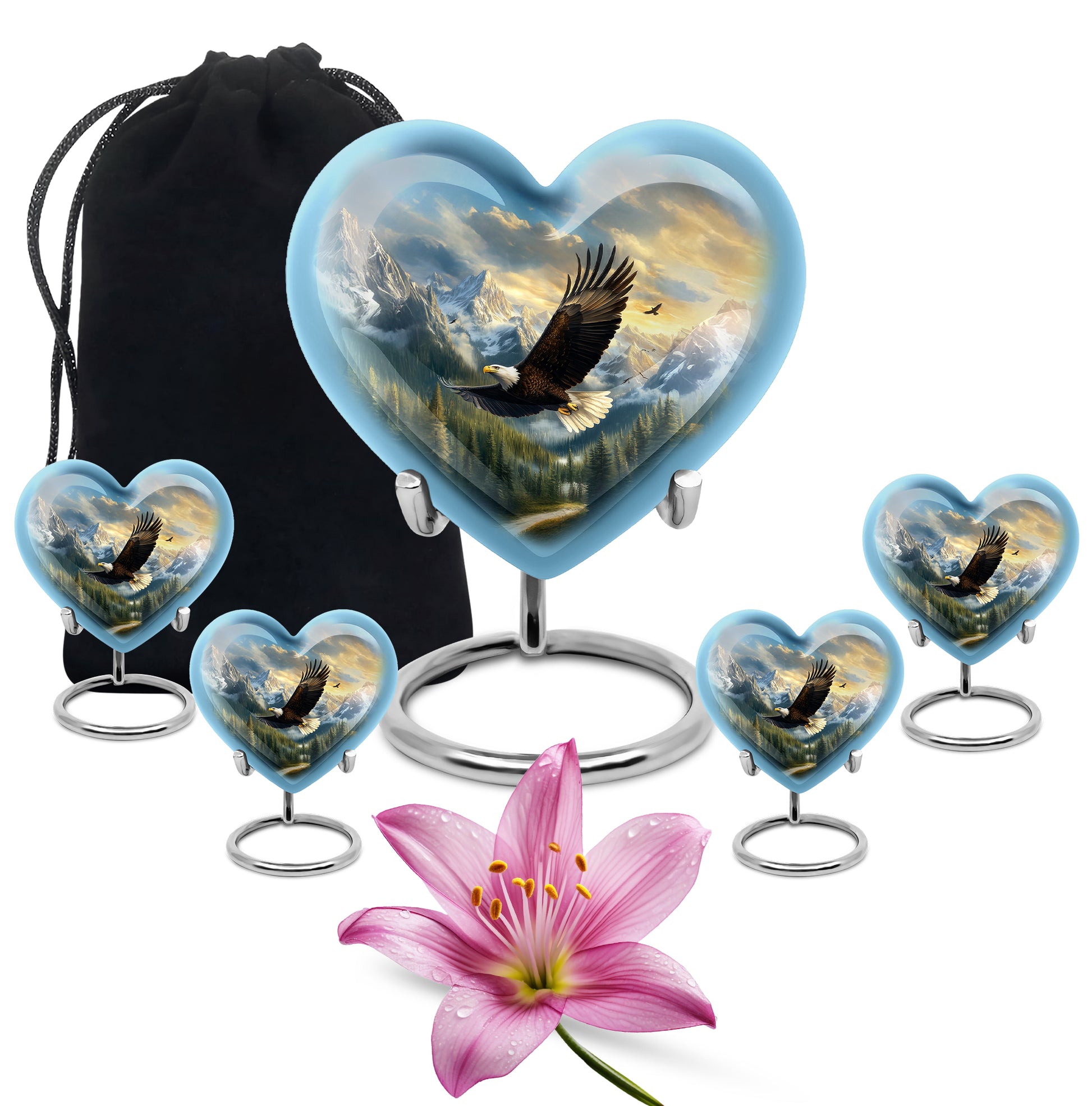 Sky Blue Eagle Cremation Urn close-up of engraving and surface detail - heart-shaped eagle design symbolizing eternal love - memorial set with one large and four small urns