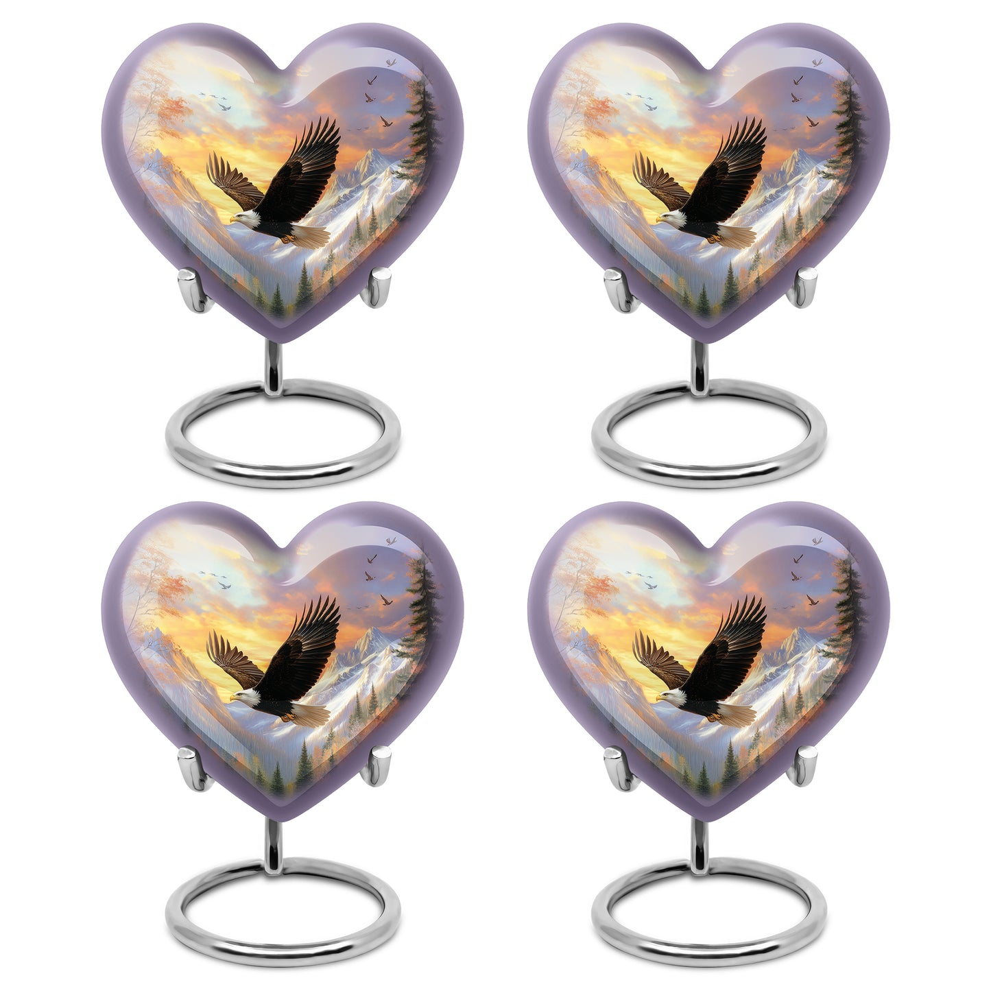 Peony Pink Eagle Cremation Urn angled view of lid and engraved motif - heart-shaped eagle design symbolizing eternal love - 10 inch aluminum urn for cremated remains