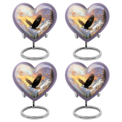 Peony Pink Eagle Cremation Urn angled view of lid and engraved motif - heart-shaped eagle design symbolizing eternal love - 10 inch aluminum urn for cremated remains