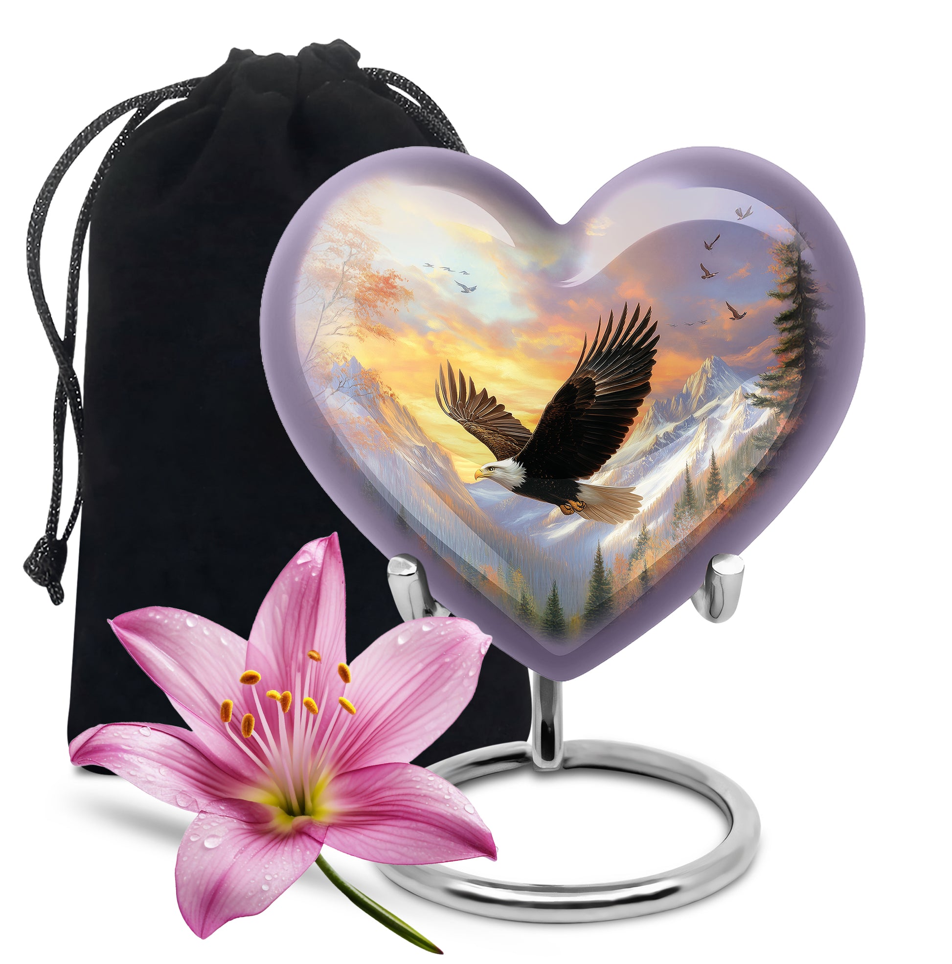 Vintage Pink Eagle Cremation Urn detail view - romantic heart urn with eagle motif on aluminum - full-size 10 inch 200 cubic inch adult cremation urn
