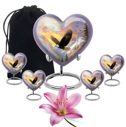 Pastel Pink Eagle Cremation Urn close-up of engraving and surface detail - loving heart memorial featuring eagle pattern - memorial set with one large and four small urns