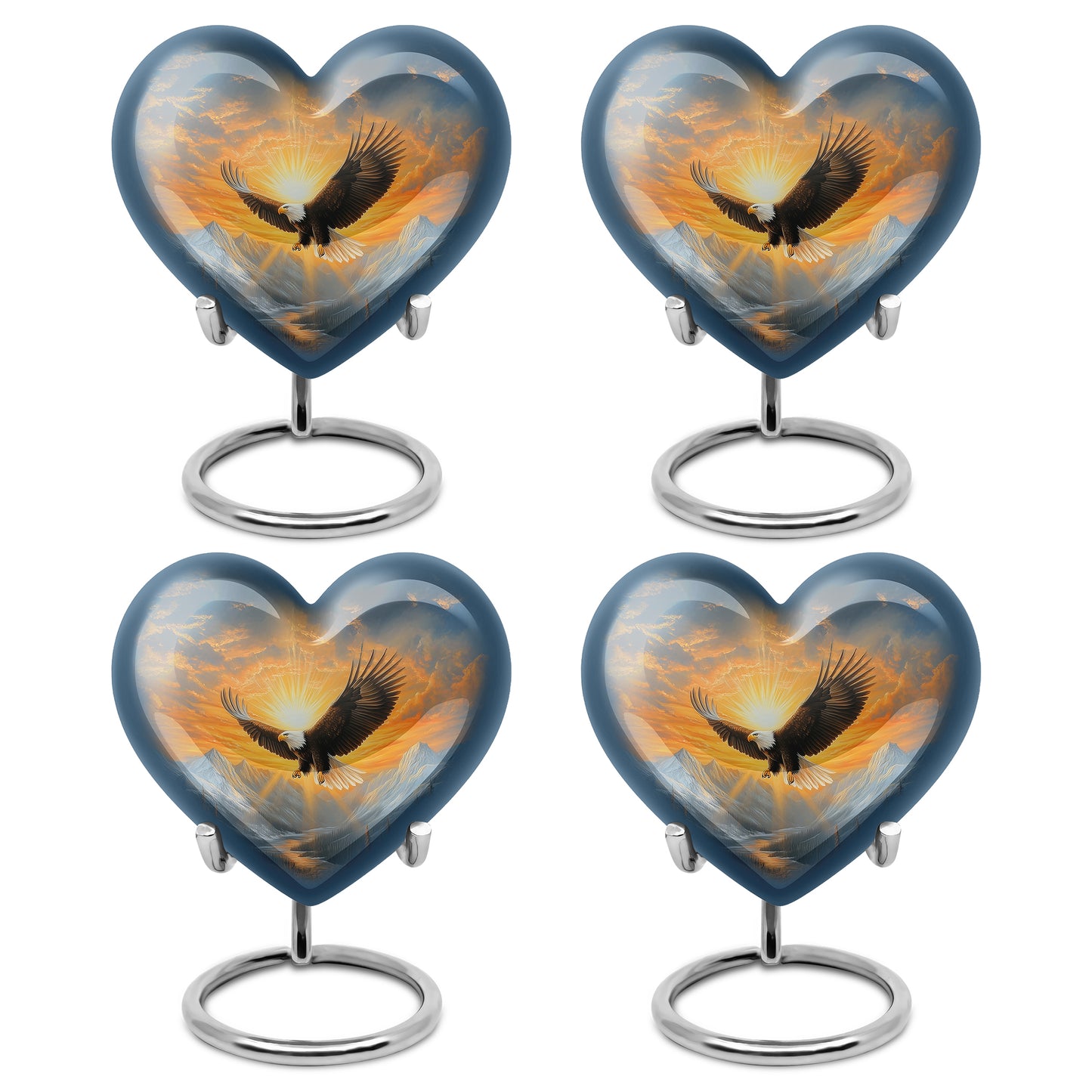 Cobalt Blue Eagle Cremation Urn angled view of lid and engraved motif - romantic heart urn with eagle motif on aluminum - 10 inch aluminum urn for cremated remains