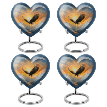 Cobalt Blue Eagle Cremation Urn angled view of lid and engraved motif - romantic heart urn with eagle motif on aluminum - 10 inch aluminum urn for cremated remains