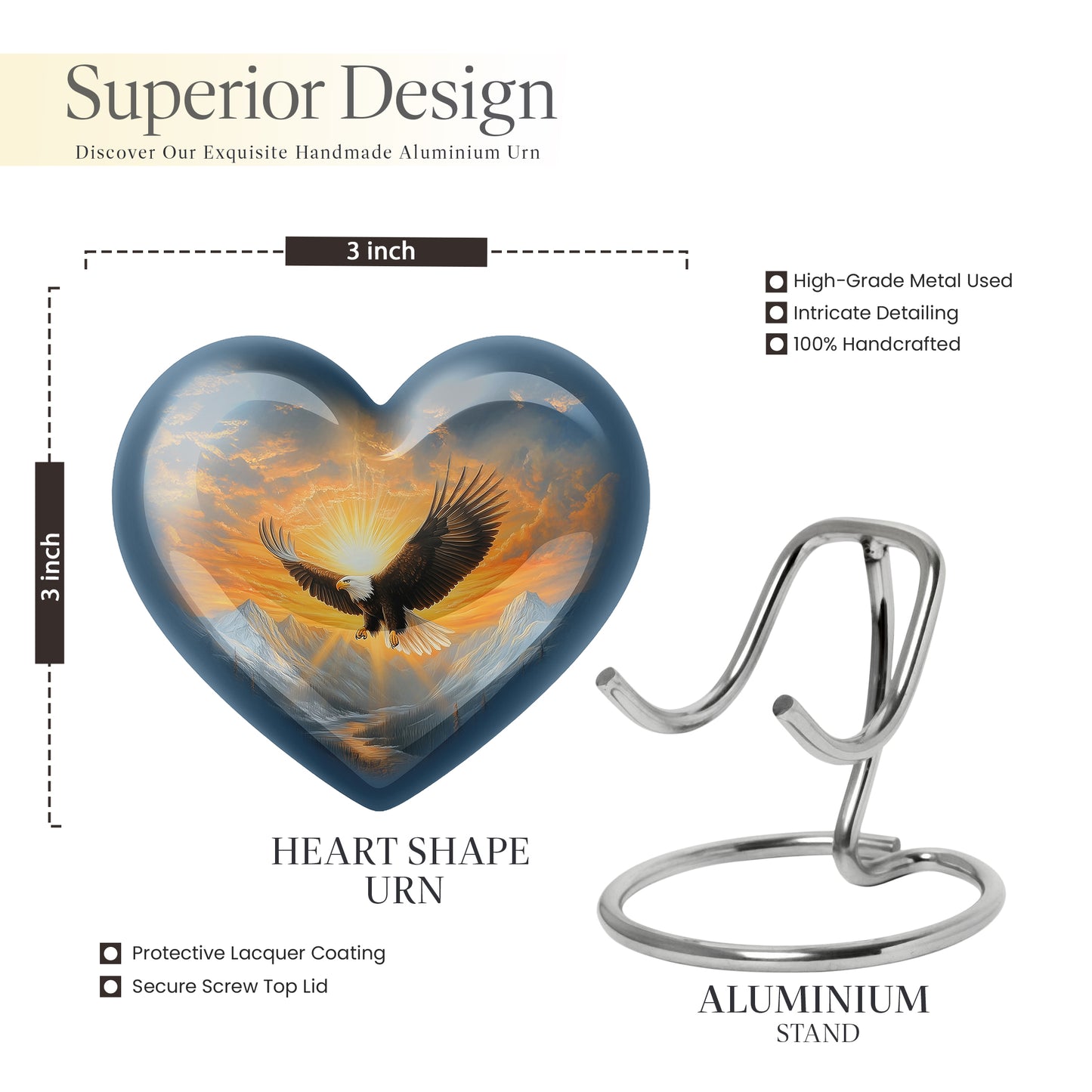 Azure Eagle Cremation Urn front view showing detailed design - heart-shaped eagle design symbolizing eternal love - mini keepsake memorial for portion of cremation ashes