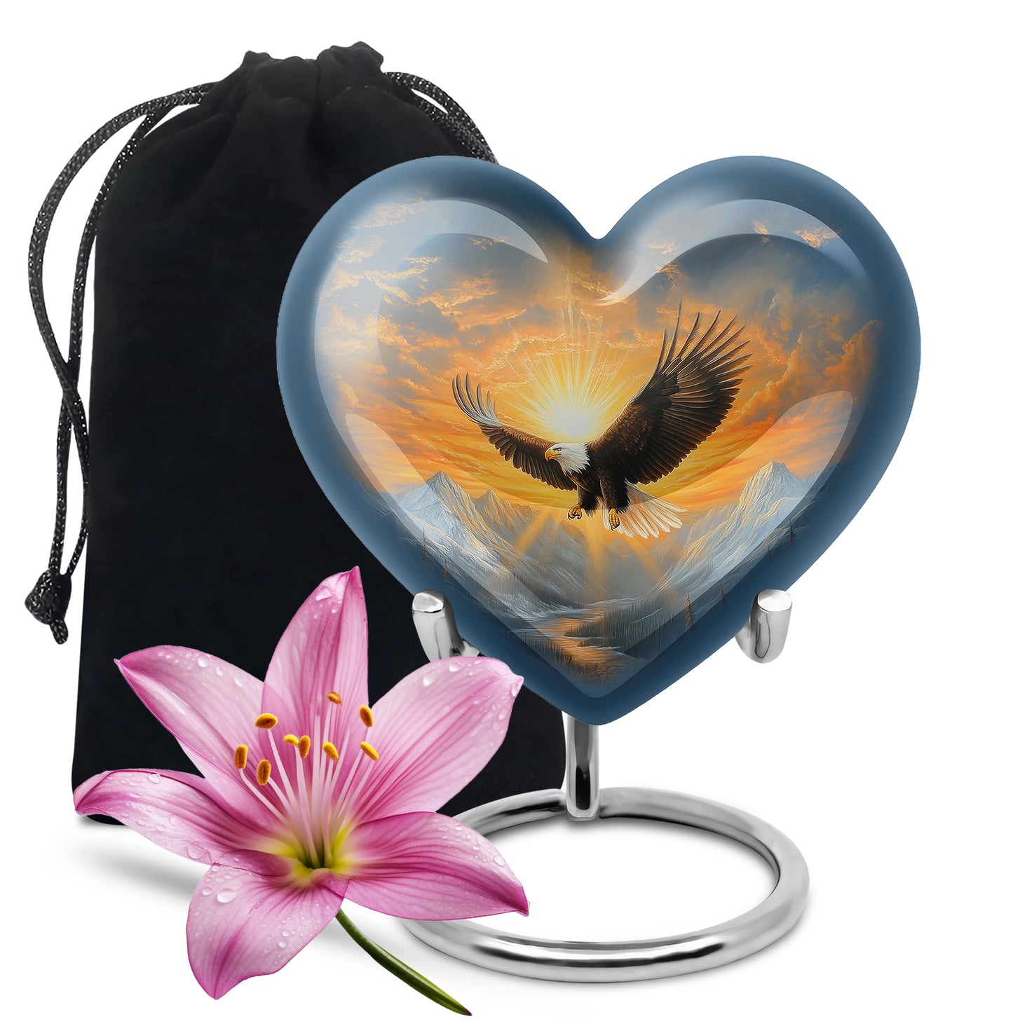 Dusty Blue Eagle Cremation Urn detail view - heart-shaped eagle design symbolizing eternal love - full-size 10 inch 200 cubic inch adult cremation urn