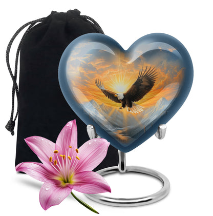 Dusty Blue Eagle Cremation Urn detail view - heart-shaped eagle design symbolizing eternal love - full-size 10 inch 200 cubic inch adult cremation urn