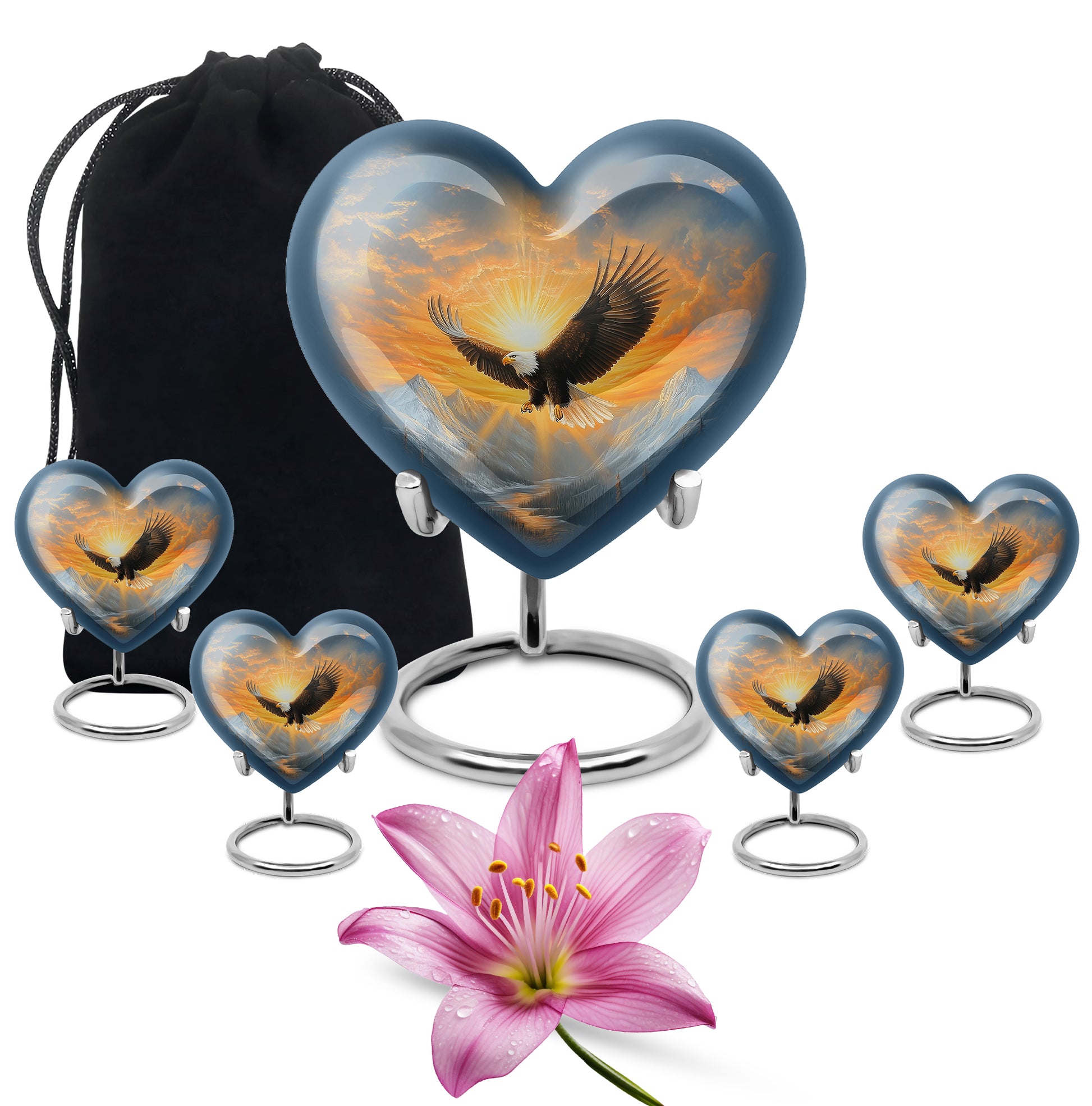 Celestial Blue Eagle Cremation Urn close-up of engraving and surface detail - heart-shaped eagle design symbolizing eternal love - memorial set with one large and four small urns