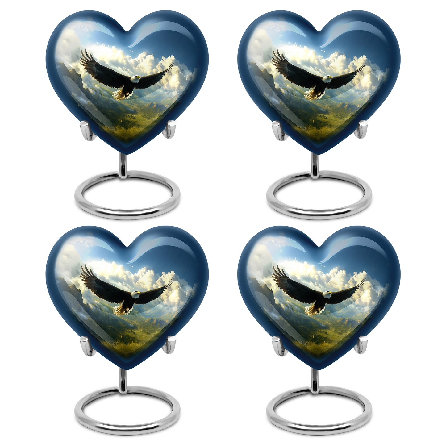 Misty Blue Eagle Cremation Urn angled view of lid and engraved motif - loving heart memorial featuring eagle pattern - 10 inch aluminum urn for cremated remains