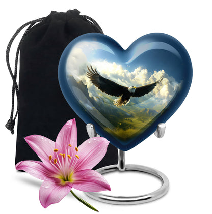 Powder Blue Eagle Cremation Urn detail view - loving heart memorial featuring eagle pattern - full-size 10 inch 200 cubic inch adult cremation urn