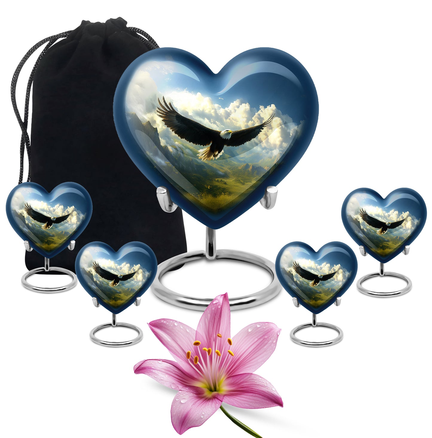 Serene Blue Eagle Cremation Urn close-up of engraving and surface detail - romantic heart urn with eagle motif on aluminum - memorial set with one large and four small urns