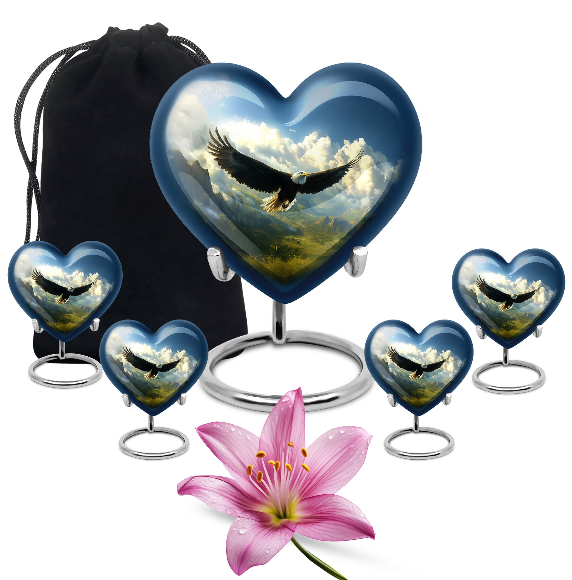Serene Blue Eagle Cremation Urn close-up of engraving and surface detail - romantic heart urn with eagle motif on aluminum - memorial set with one large and four small urns