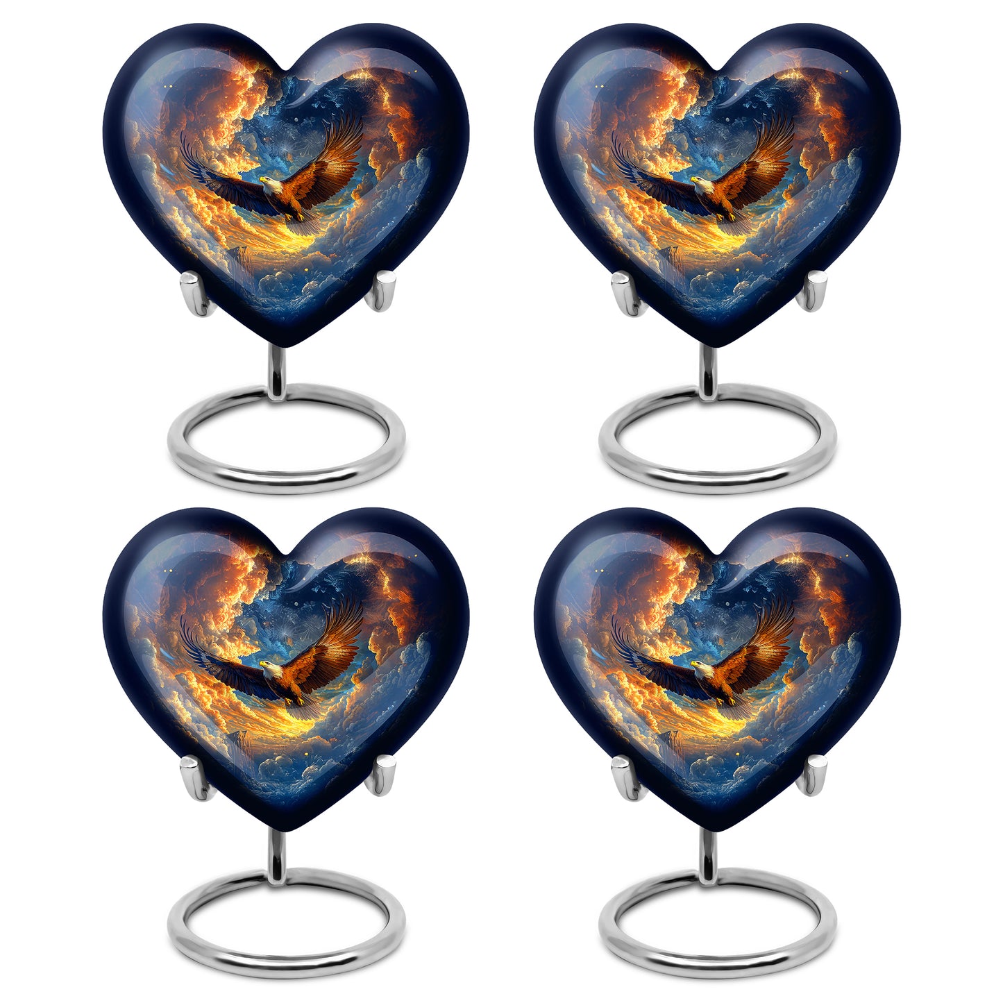 Calming Blue Eagle Cremation Urn angled view of lid and engraved motif - romantic heart urn with eagle motif on aluminum - 10 inch aluminum urn for cremated remains