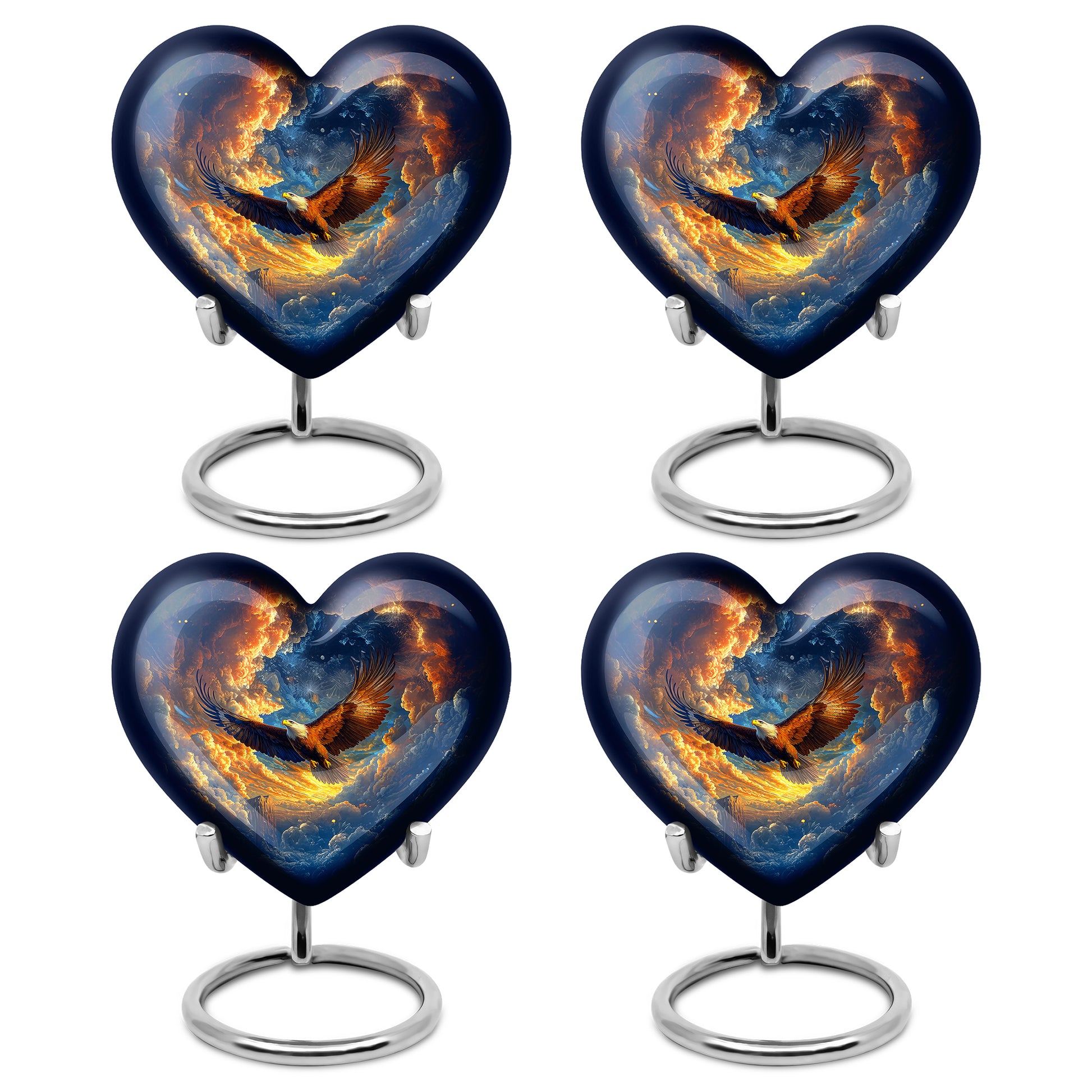 Calming Blue Eagle Cremation Urn angled view of lid and engraved motif - romantic heart urn with eagle motif on aluminum - 10 inch aluminum urn for cremated remains