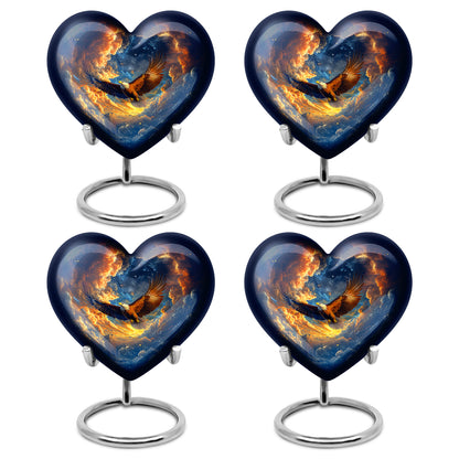 Calming Blue Eagle Cremation Urn angled view of lid and engraved motif - romantic heart urn with eagle motif on aluminum - 10 inch aluminum urn for cremated remains