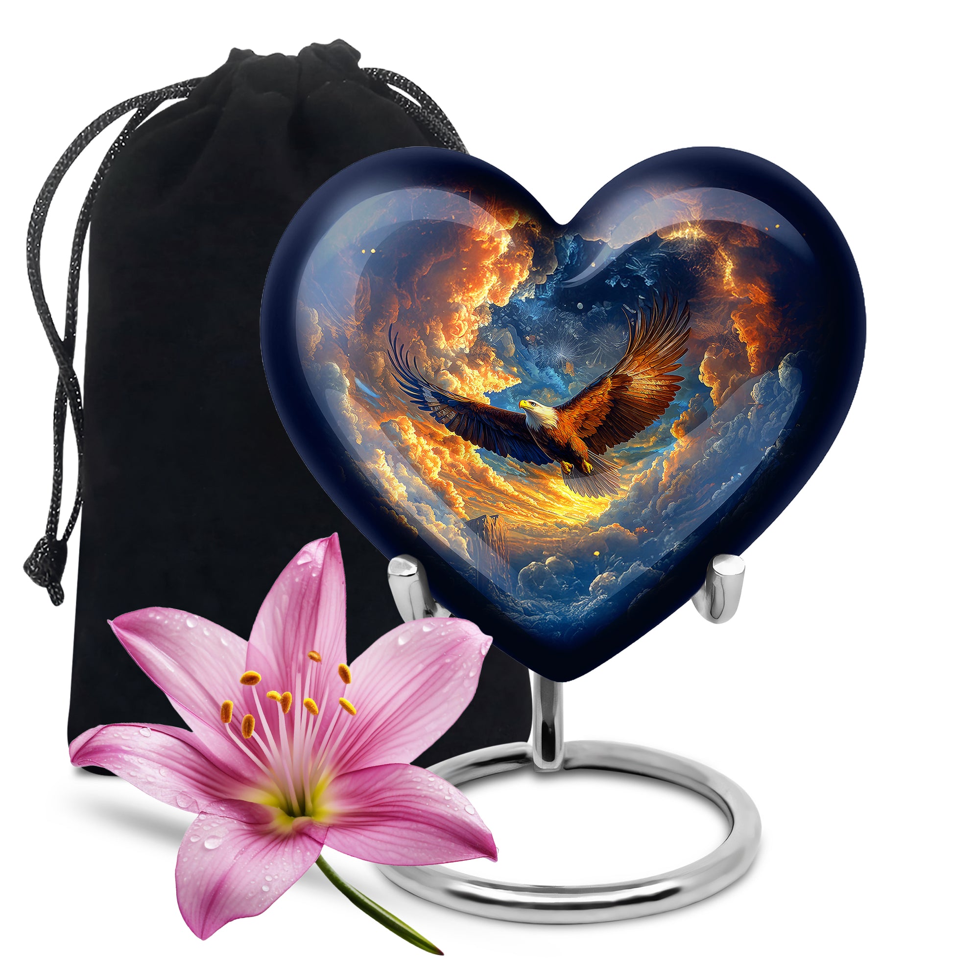 Vivid Blue Eagle Cremation Urn detail view - romantic heart urn with eagle motif on aluminum - full-size 10 inch 200 cubic inch adult cremation urn