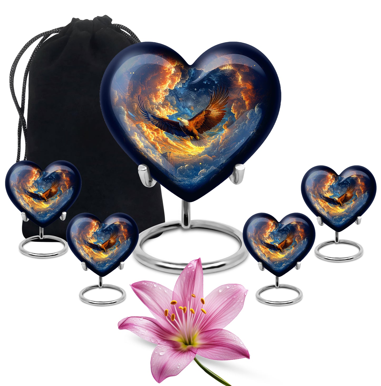 Cobalt Blue Eagle Cremation Urn close-up of engraving and surface detail - romantic heart urn with eagle motif on aluminum - memorial set with one large and four small urns