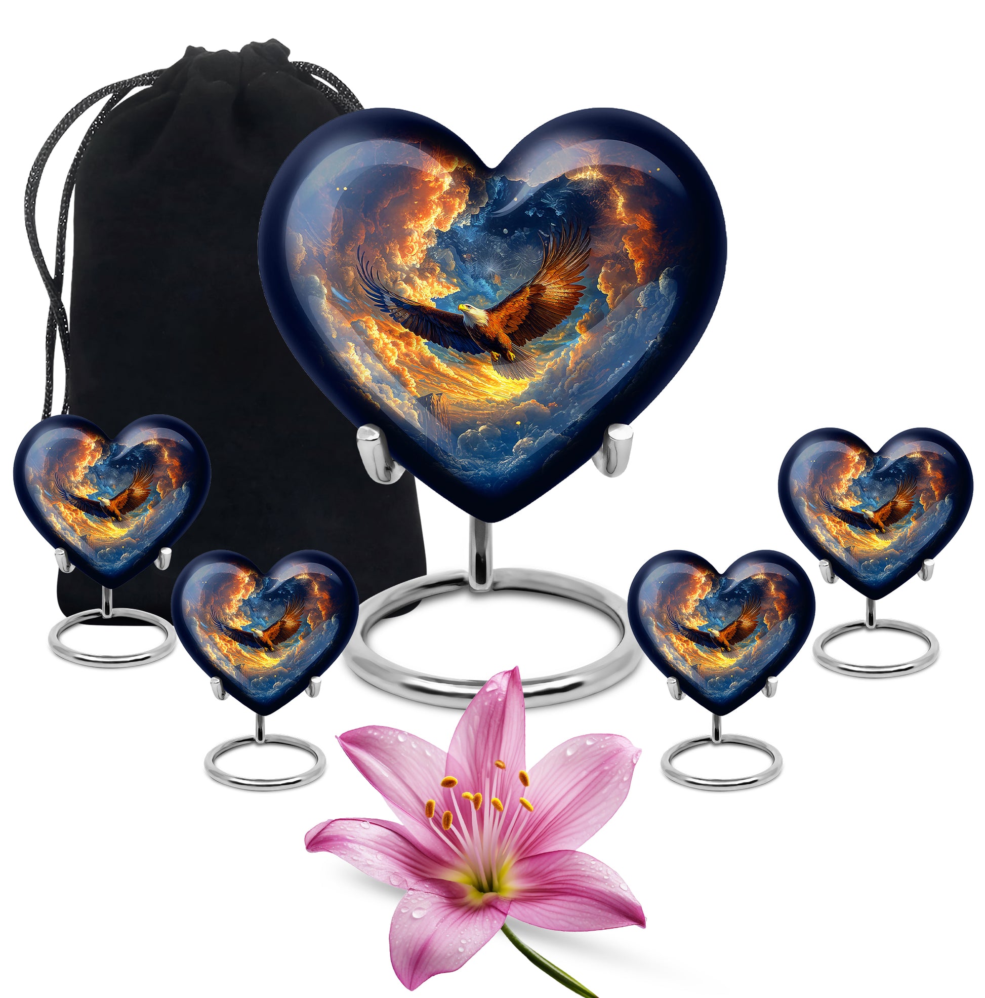 Cobalt Blue Eagle Cremation Urn close-up of engraving and surface detail - romantic heart urn with eagle motif on aluminum - memorial set with one large and four small urns