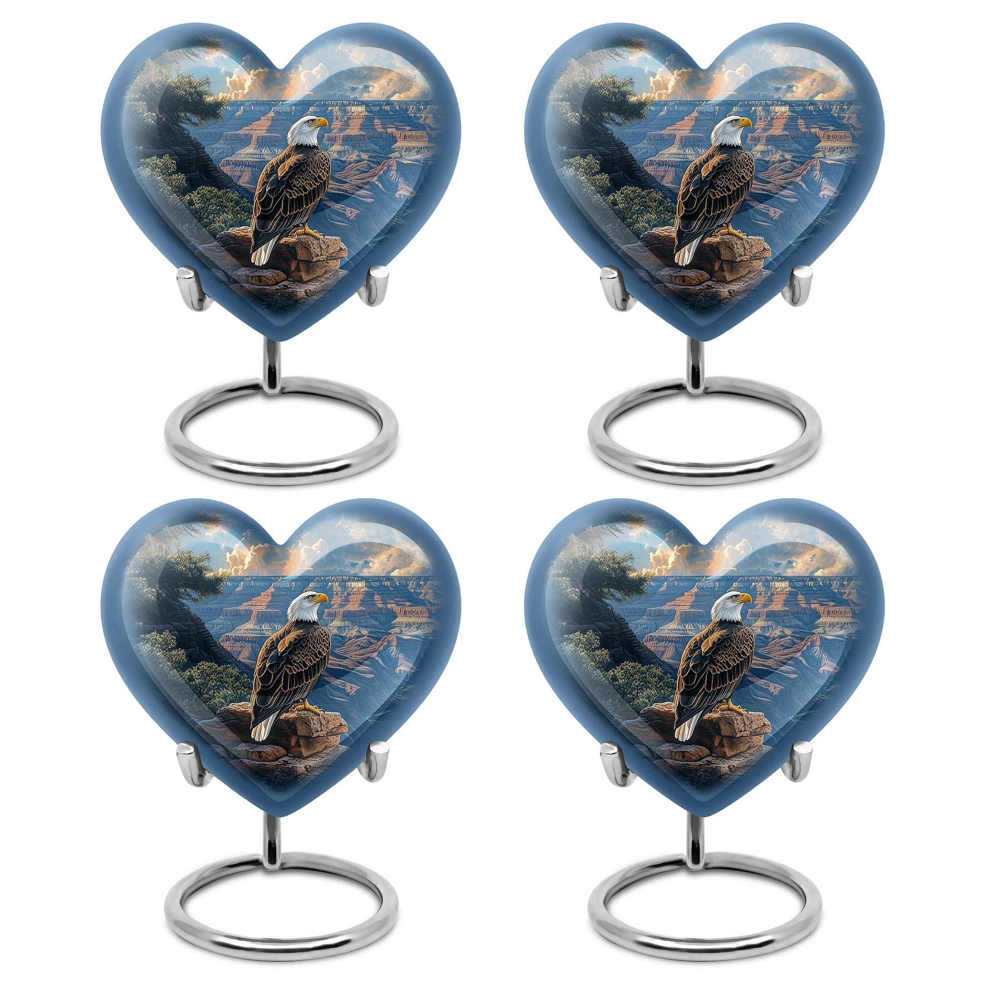Soft Blue Eagle Cremation Urn angled view of lid and engraved motif - compassionate heart-eagle combination with gentle curves - 10 inch aluminum urn for cremated remains