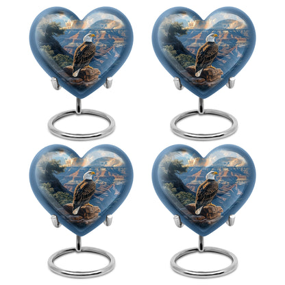 Soft Blue Eagle Cremation Urn angled view of lid and engraved motif - compassionate heart-eagle combination with gentle curves - 10 inch aluminum urn for cremated remains