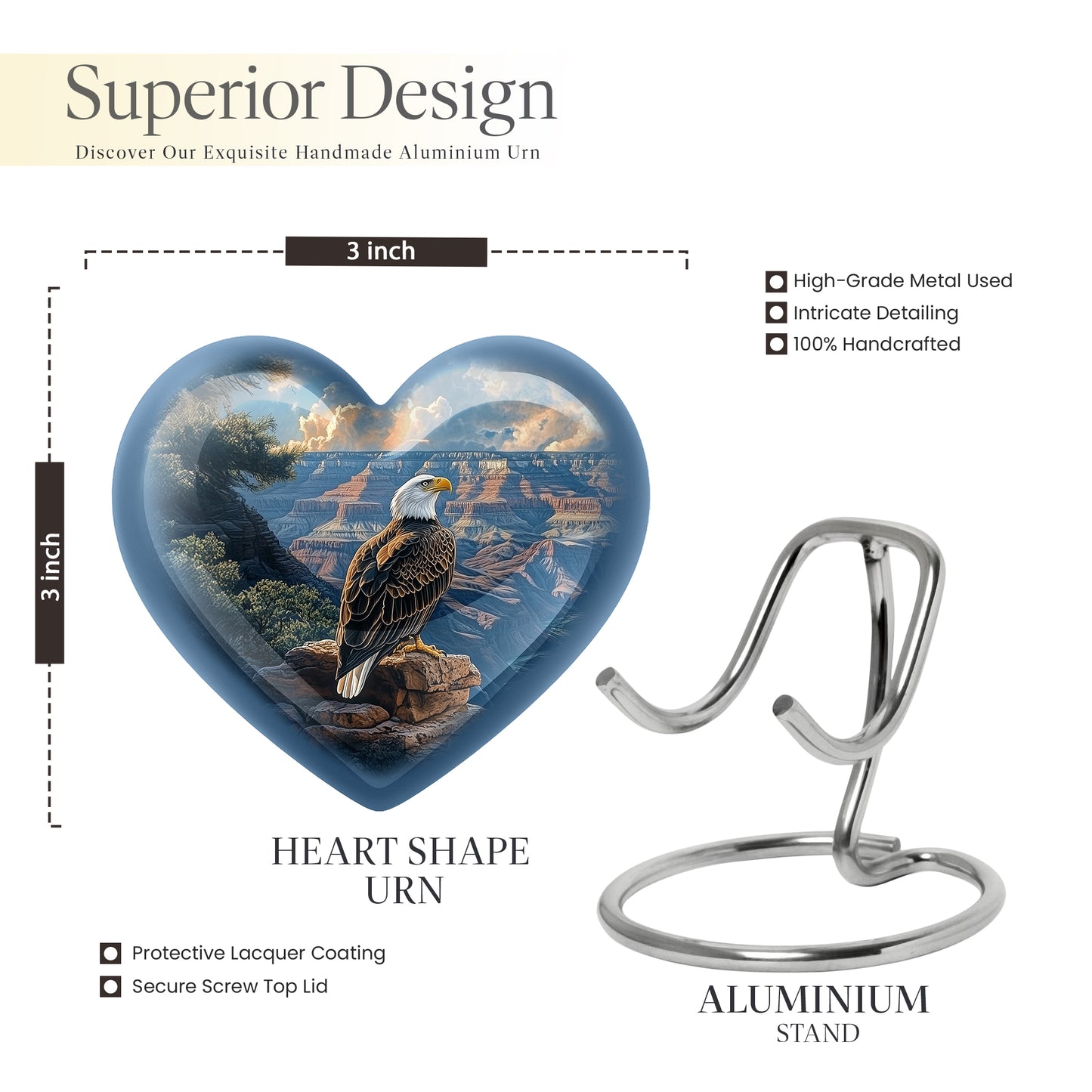 Celestial Blue Eagle Cremation Urn front view showing detailed design - heart-shaped eagle design symbolizing eternal love - mini keepsake memorial for portion of cremation ashes
