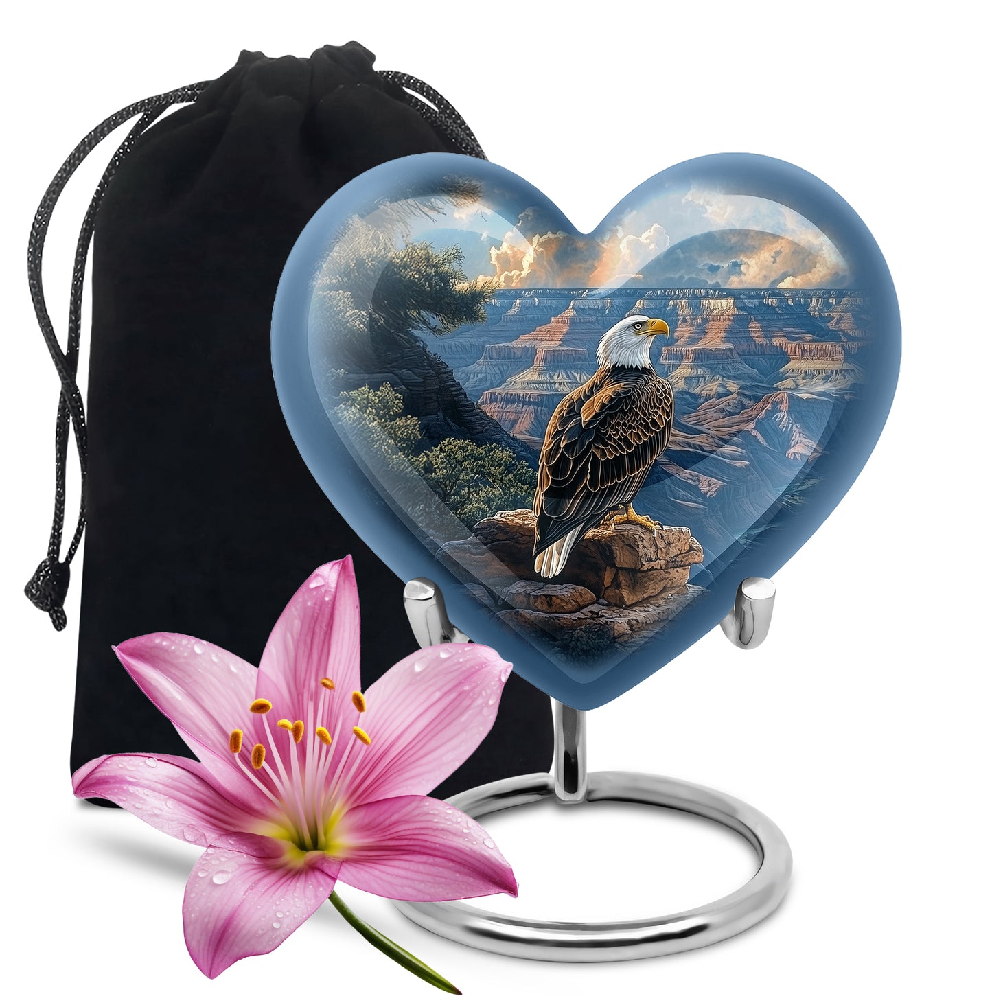 Slate Blue Eagle Cremation Urn detail view - heart-shaped eagle design symbolizing eternal love - full-size 10 inch 200 cubic inch adult cremation urn