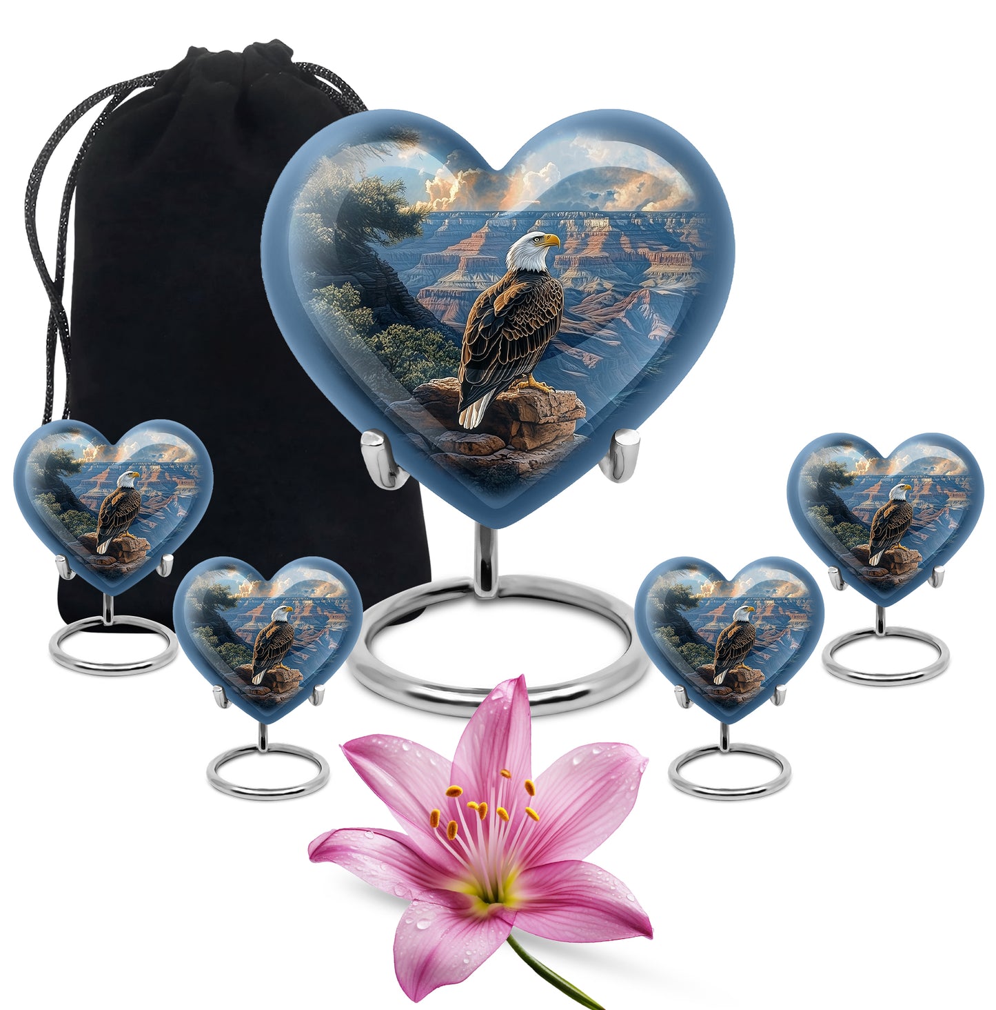 Pastel Blue Eagle Cremation Urn close-up of engraving and surface detail - heart-shaped eagle design symbolizing eternal love - memorial set with one large and four small urns