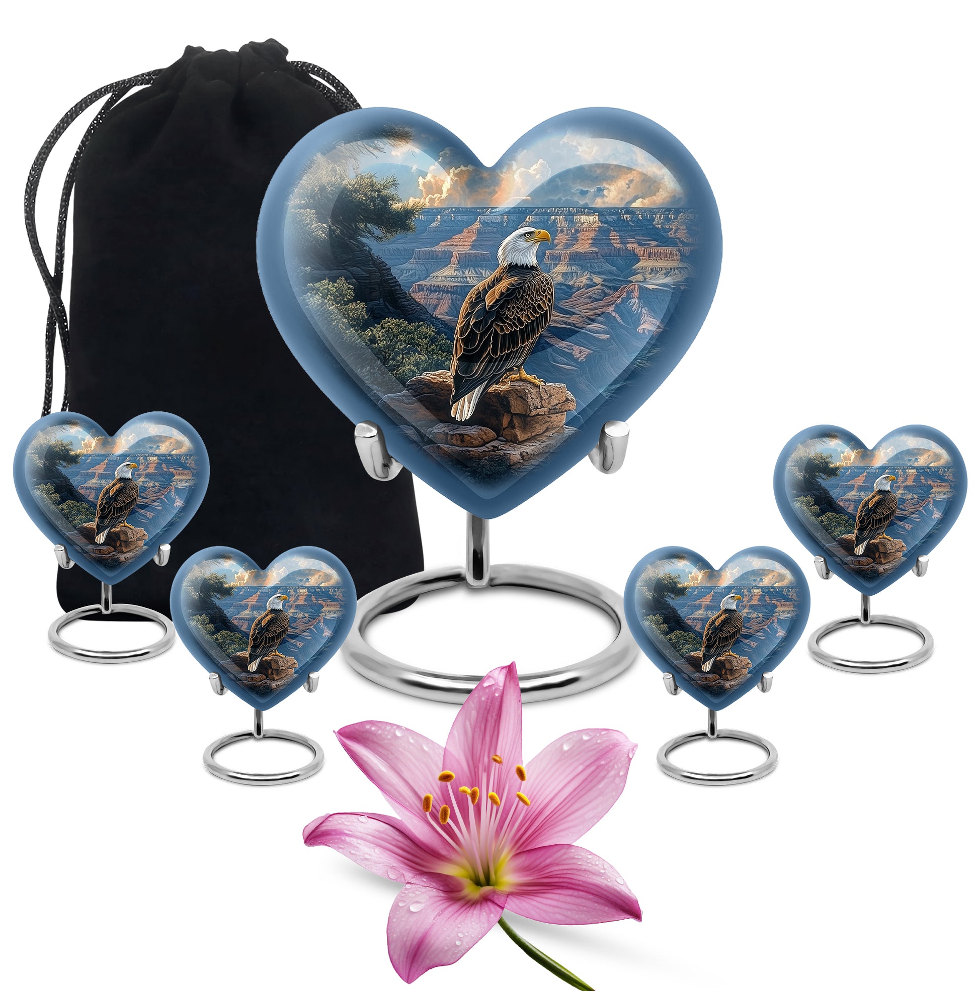 Pastel Blue Eagle Cremation Urn close-up of engraving and surface detail - heart-shaped eagle design symbolizing eternal love - memorial set with one large and four small urns