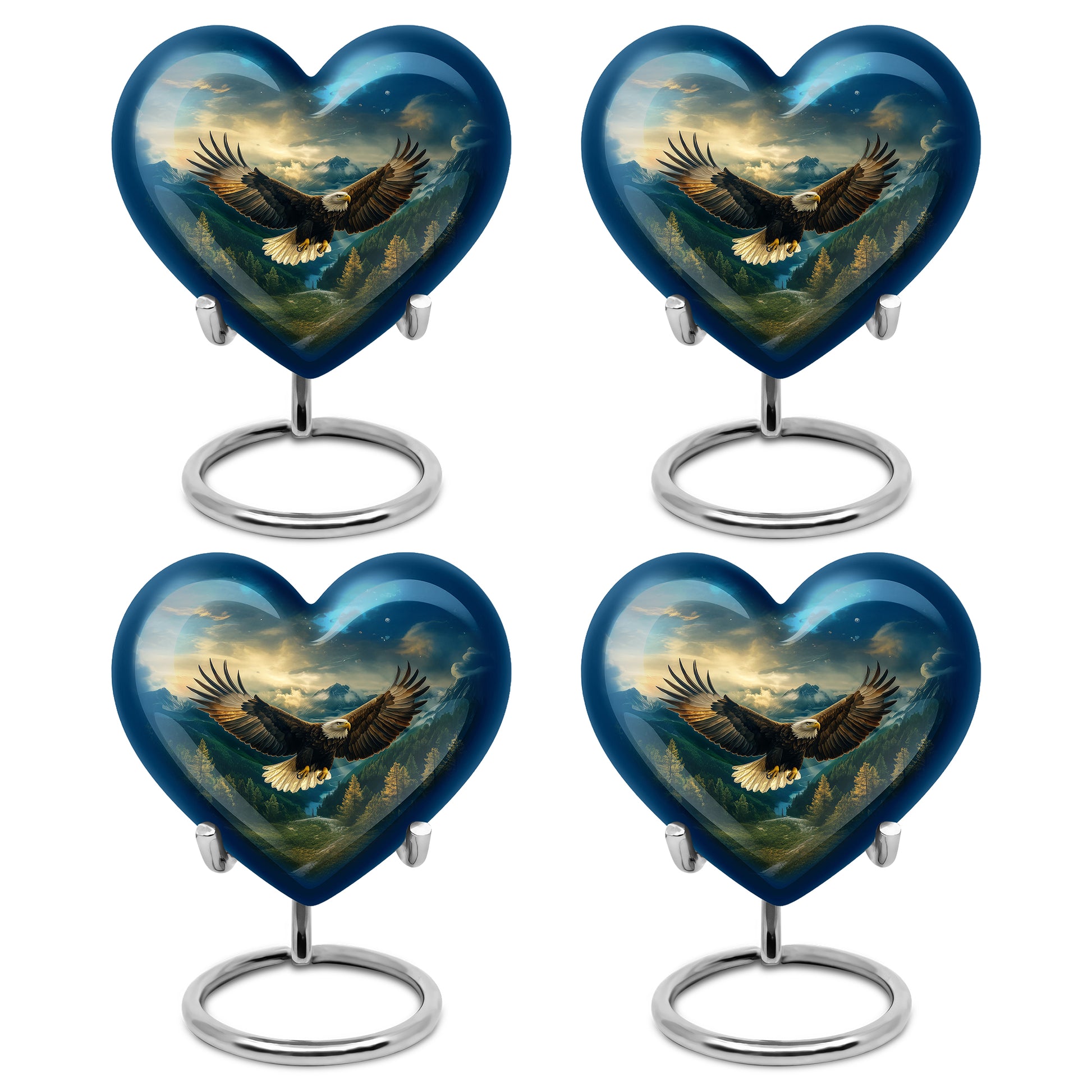Cobalt Blue Eagle Cremation Urn angled view of lid and engraved motif - romantic heart urn with eagle motif on aluminum - 10 inch aluminum urn for cremated remains
