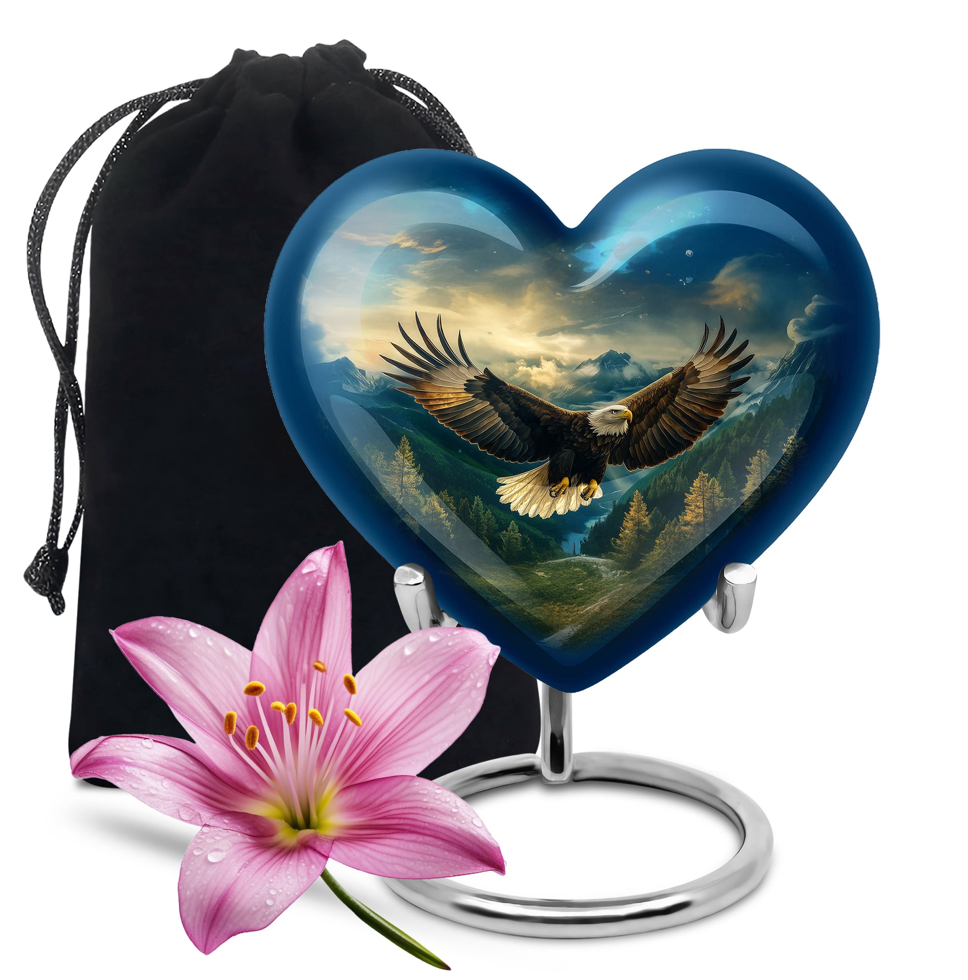 Sky Blue Eagle Cremation Urn detail view - loving heart memorial featuring eagle pattern - full-size 10 inch 200 cubic inch adult cremation urn