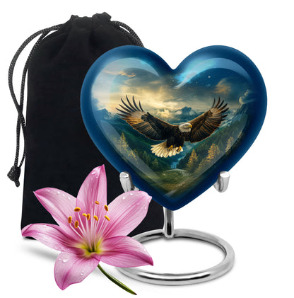 Sky Blue Eagle Cremation Urn detail view - loving heart memorial featuring eagle pattern - full-size 10 inch 200 cubic inch adult cremation urn
