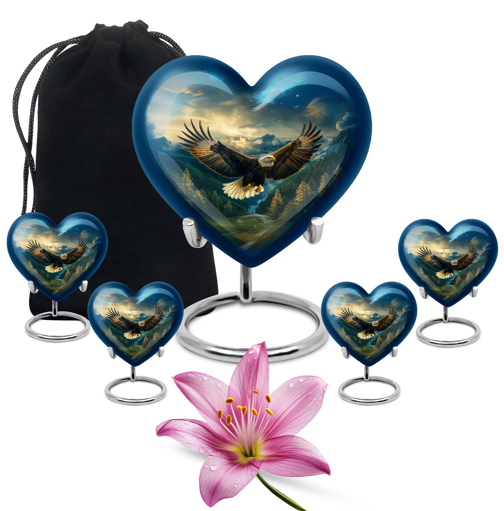 Serene Blue Eagle Cremation Urn close-up of engraving and surface detail - romantic heart urn with eagle motif on aluminum - memorial set with one large and four small urns