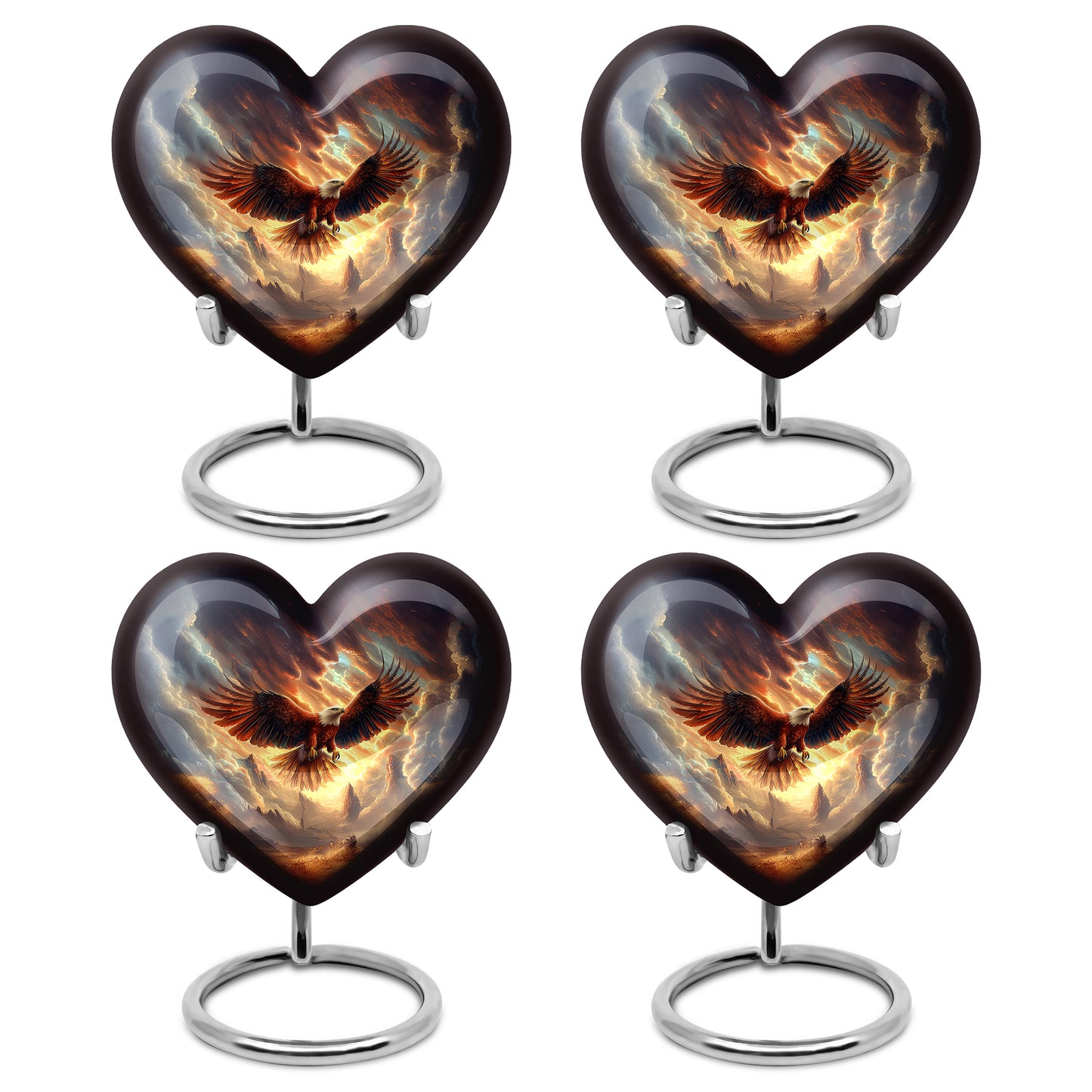 Rich Black Eagle Cremation Urn angled view of lid and engraved motif - heart-shaped eagle design symbolizing eternal love - 10 inch aluminum urn for cremated remains