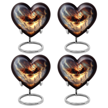 Rich Black Eagle Cremation Urn angled view of lid and engraved motif - heart-shaped eagle design symbolizing eternal love - 10 inch aluminum urn for cremated remains