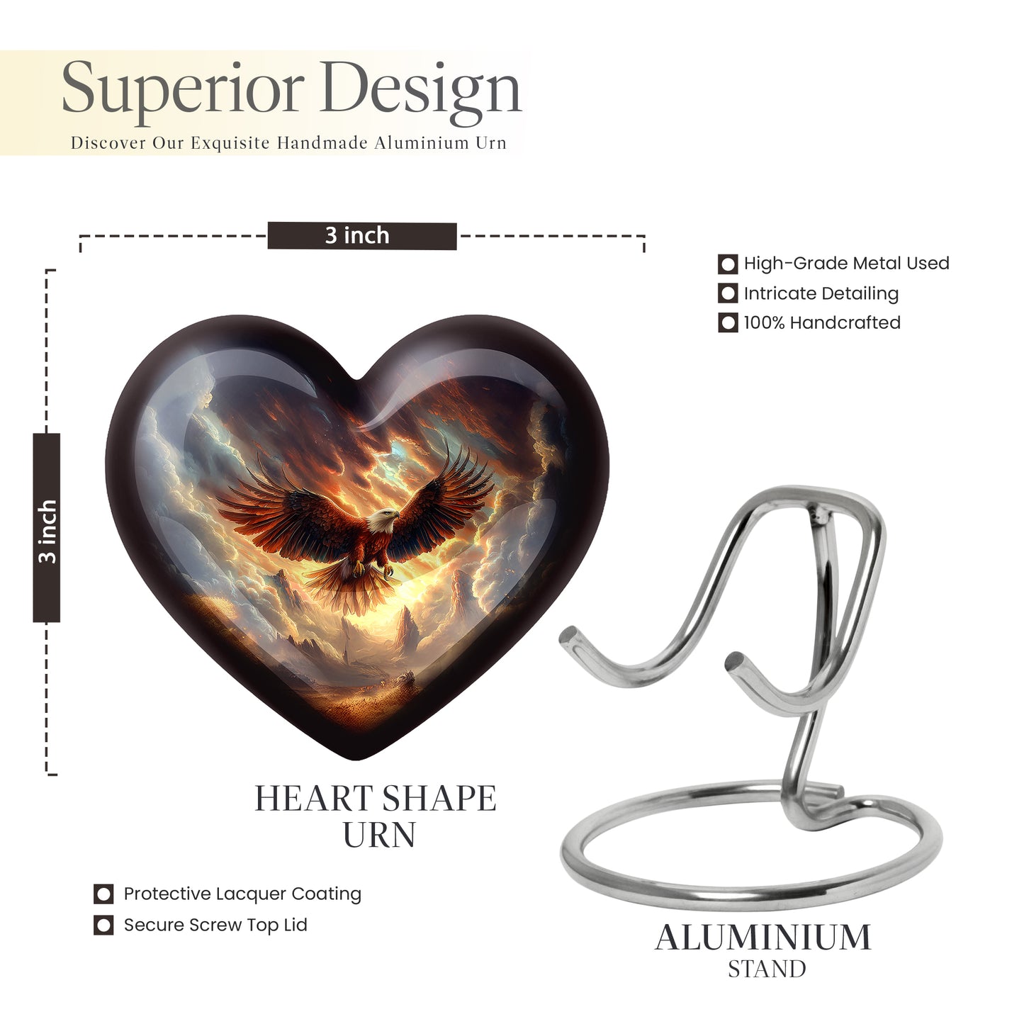 Rich Black Eagle Cremation Urn front view showing detailed design - heart-shaped eagle design symbolizing eternal love - mini keepsake memorial for portion of cremation ashes