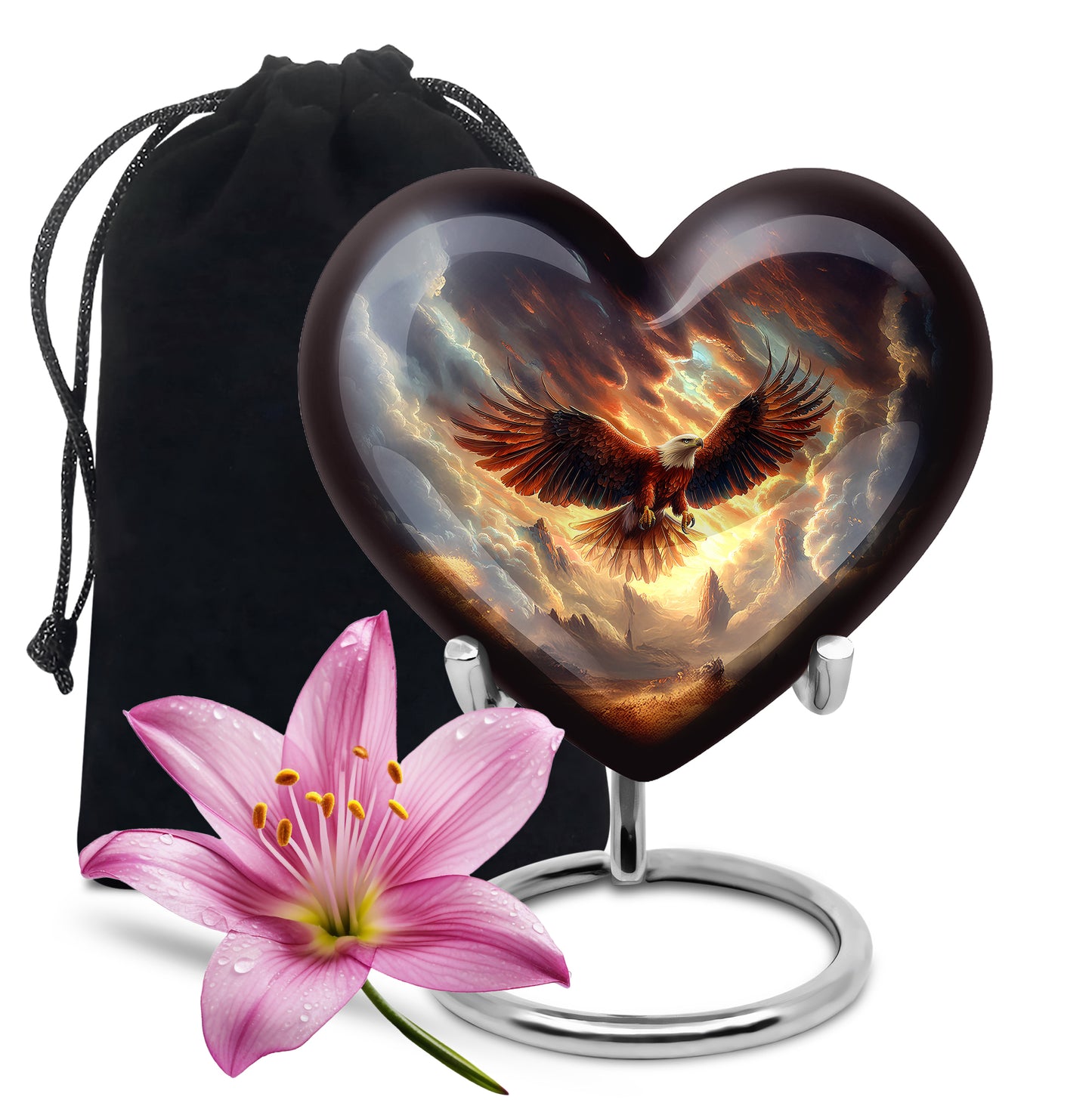 Deep Black Eagle Cremation Urn detail view - loving heart memorial featuring eagle pattern - full-size 10 inch 200 cubic inch adult cremation urn