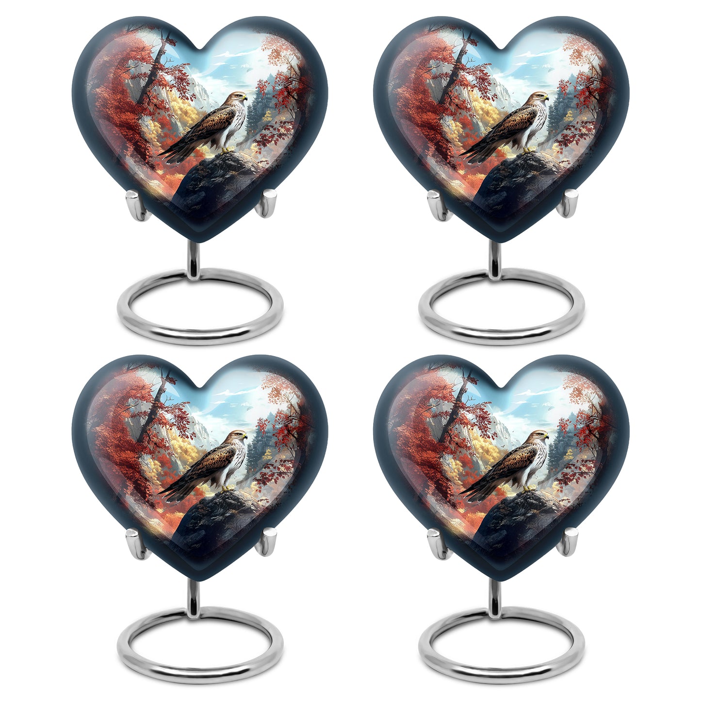 Sky Blue Eagle Cremation Urn angled view of lid and engraved motif - loving heart memorial featuring eagle pattern - 10 inch aluminum urn for cremated remains