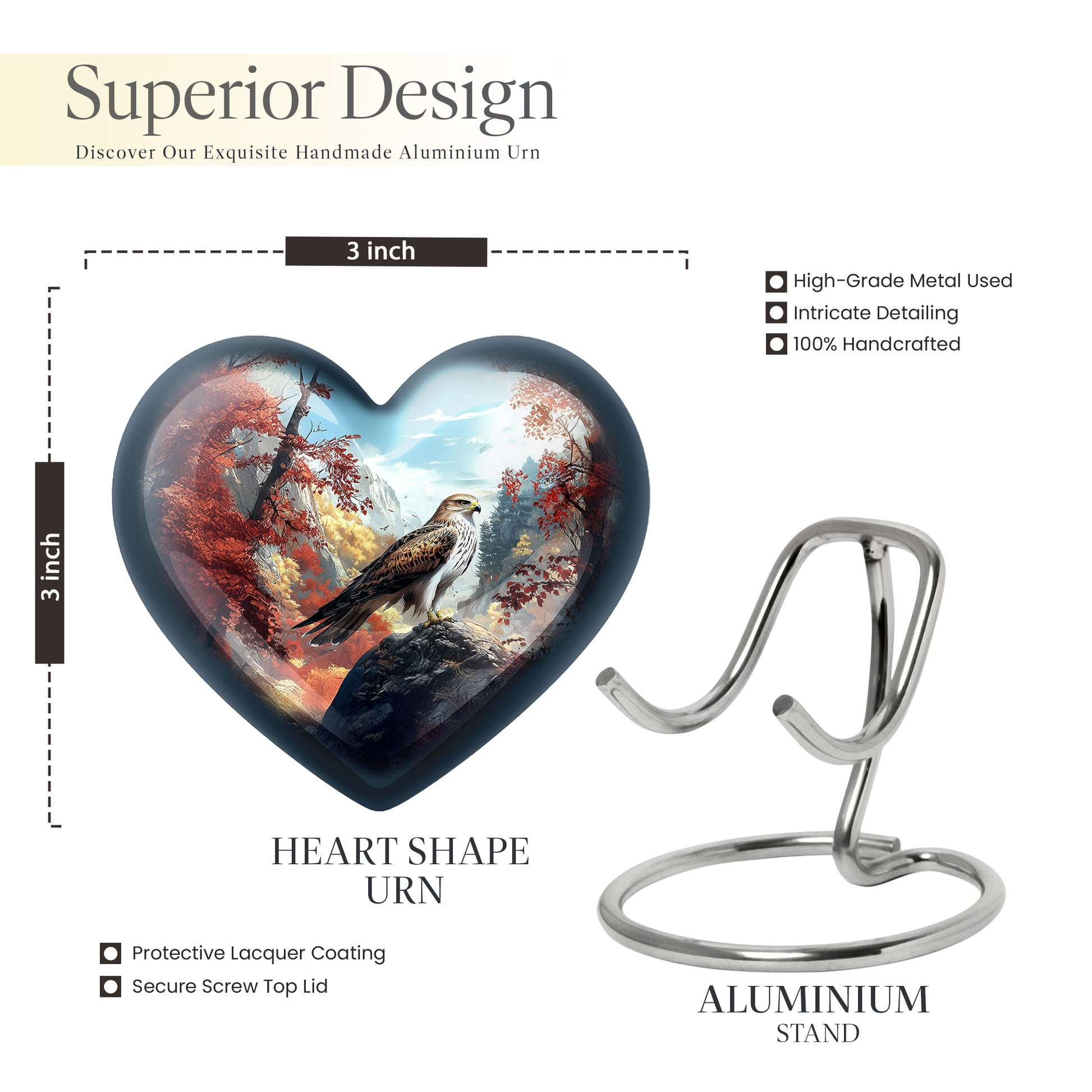 Serene Blue Eagle Cremation Urn front view showing detailed design - romantic heart urn with eagle motif on aluminum - mini keepsake memorial for portion of cremation ashes